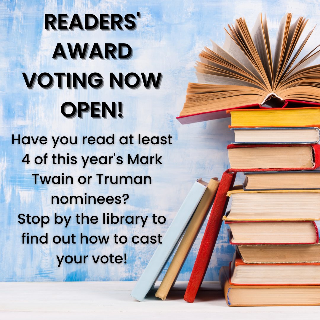 LibraryNpms's tweet image. Let your voice be heard! Cast your vote for your favorite Mark Twain or Truman book of the year! Visit the library for more info. #NPMSGrizzlies #WSDLibraries