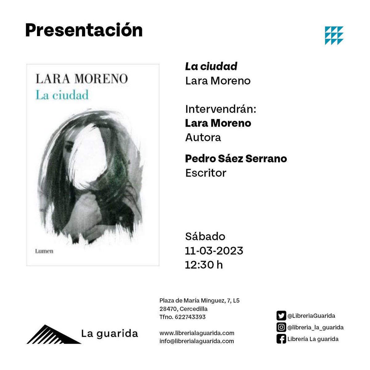 LibreriaGuarida's tweet photo. Este sábado @lara_morenom viene a presentar #LaCiudad 📖

Será a las 12:30 h, al terminar La hora del cuento, y Lara estará acompañada por el escritor #PedroSáezSerrano 🪑🌿

Hace tiempo que queríamos recibir a Lara en La guarida, seguro que lo disfrutaremos.

¡Os esperamos! 📚 https://t.co/MP1Wcn12Pz