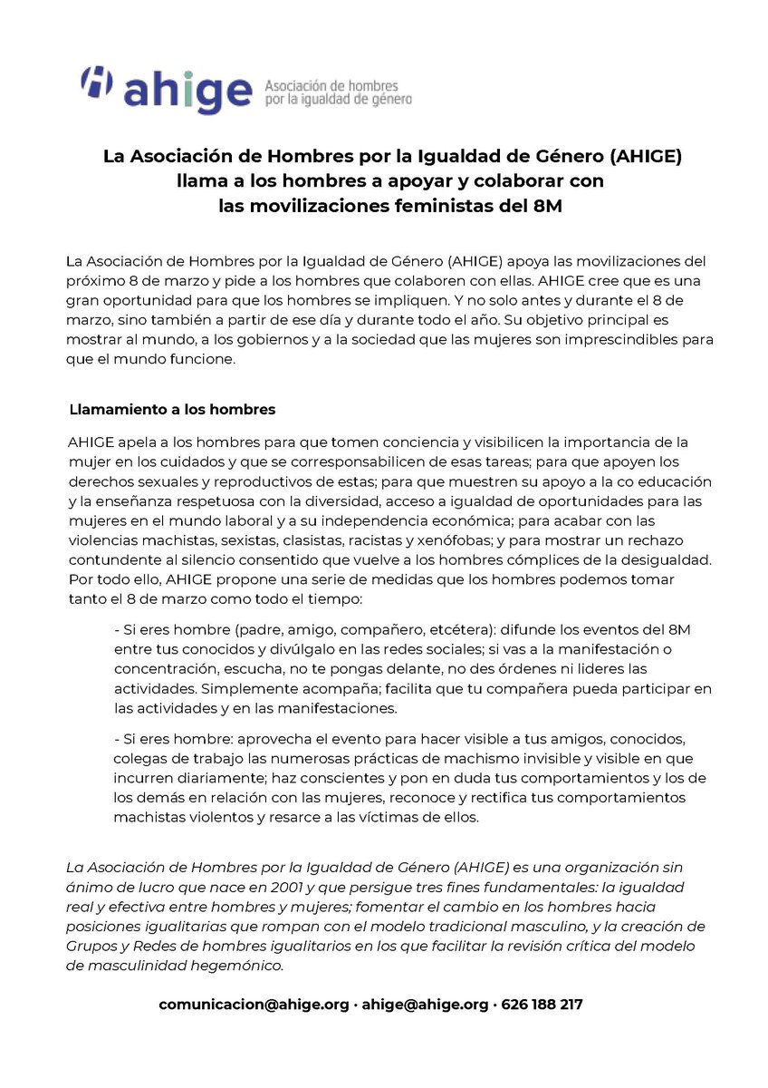 ahigefederal's tweet photo. La Asociación de Hombres por la Igualdad de Género @AHIGE llama a los hombres a apoyar y colaborar con las movilizaciones feministas del #8M, y "facilitar la revisión crítica del modelo de masculinidad hegemónico". #elsilencionoshacecomplices
https://t.co/gGDxPfCwy0 https://t.co/BjhALaOcMb