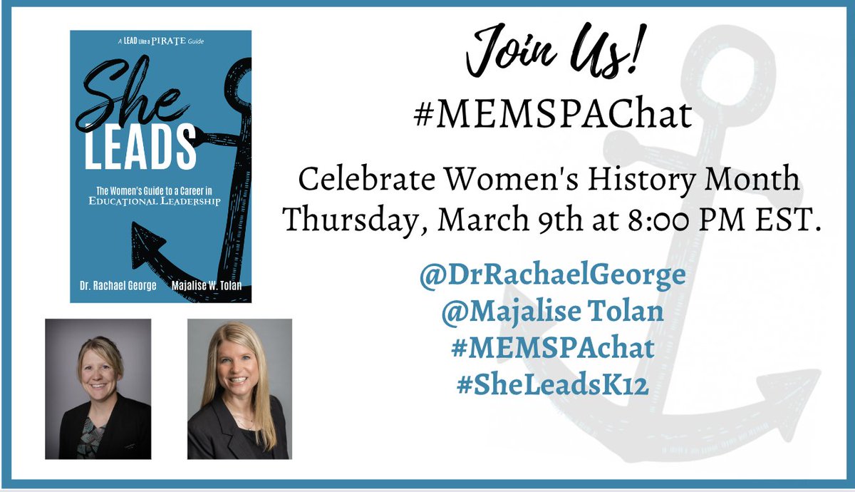 Join @MajaliseTolan & @DrRachaelGeorge  as they host #MEMSPAchat
Thur 8pm EST
#SheLeadsK12

#VAESPChat
@theVAESP @KbartonKrista  @NAESP_Zone_3 @dcpsmoss @CongerCasey @PrincipalECos
 @AknightApril @MHawley_3
@wadewhitehead
@MoniqueWatford @LucasDeLores @GinnyGills @tweetnprincipal