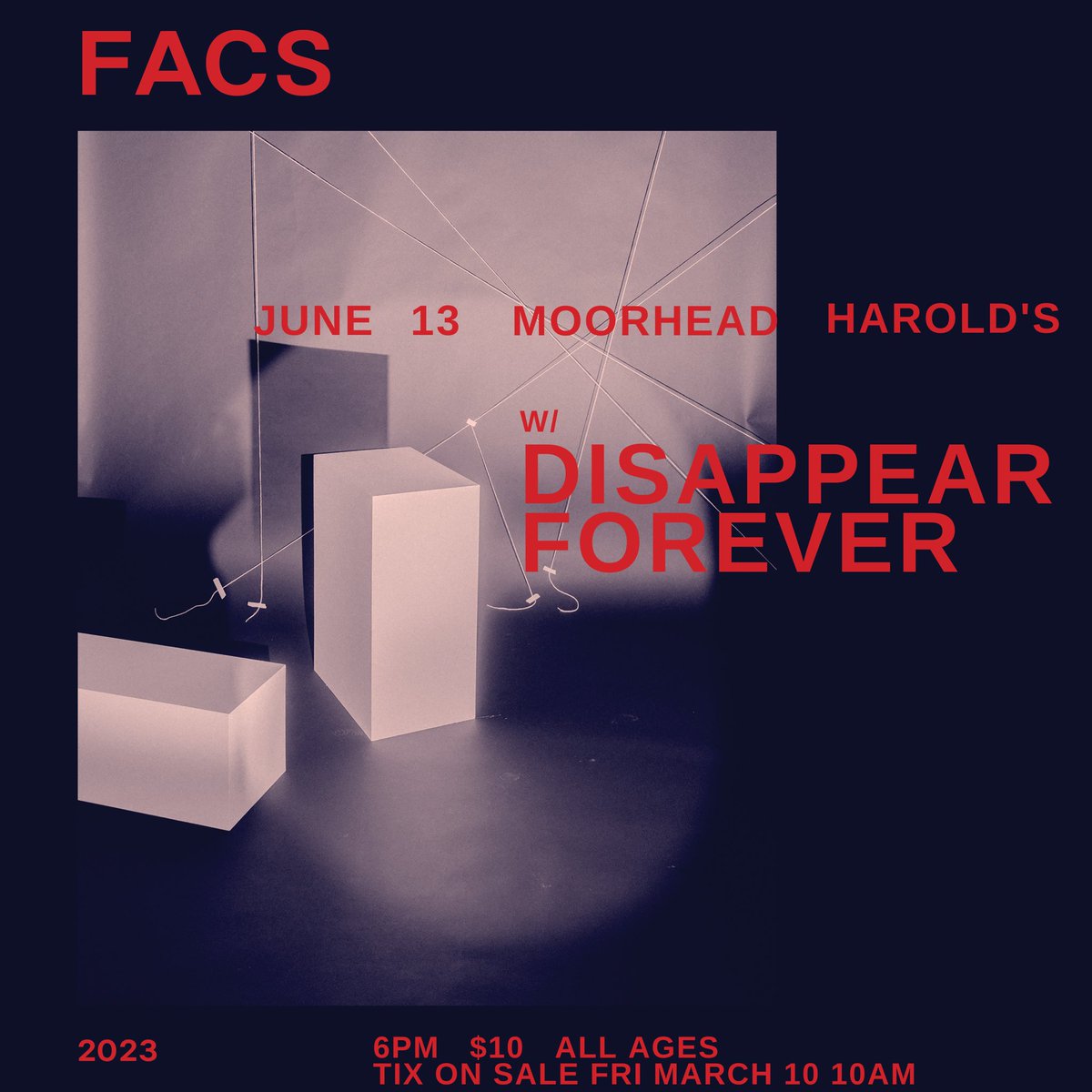 HaroldsOnMain's tweet photo. ⬜️ FACS is playing June 13th at Harold’s with Disappear Forever! All ages/6pm. Tickets go on sale Friday March 10th at 10am! Psyched. ⬜️ https://t.co/Pe9zrG6fPM