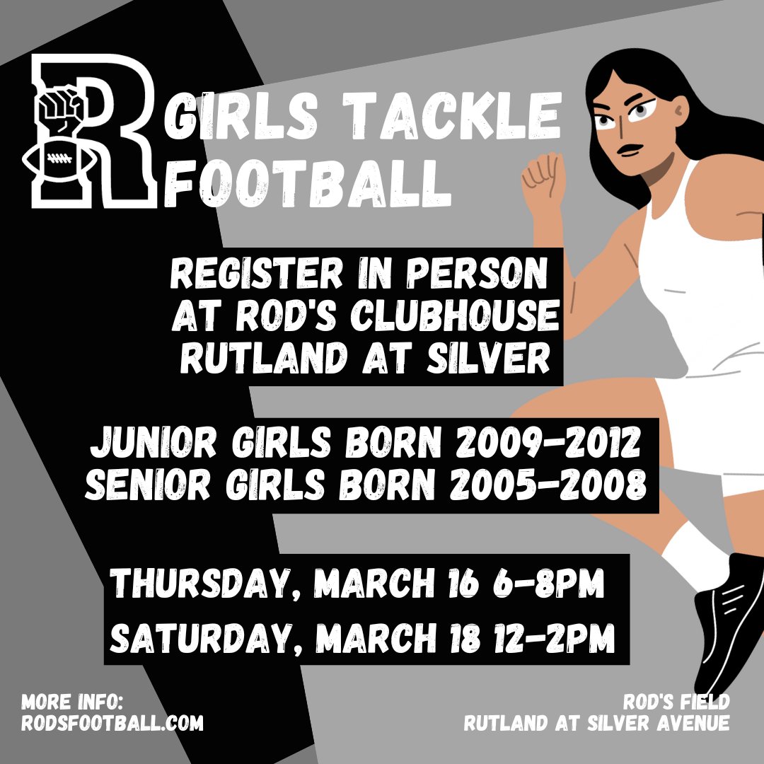 GoRods's tweet image. NEXT WEEK!
Register for Girls Tackle Football in person at Rod's Clubhouse!
Thursday, March 16 from 6 to 8pm
Saturday, March 18 from 12 to 2pm

Junior Girls Born 2009-2012
Senior Girls Born 2005-2008

REGISTER ONLINE: app.teamlinkt.com/register/find/…

rodsfootball.com