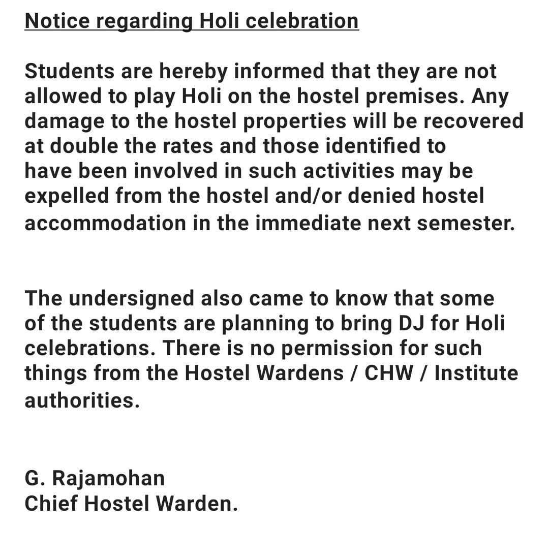 JaipurDialogues's tweet photo. After BHU, now Tughlaqi firmaan by @niamt_ranchi prohibiting Holi Celebrations. https://t.co/5RCqPfTWdN