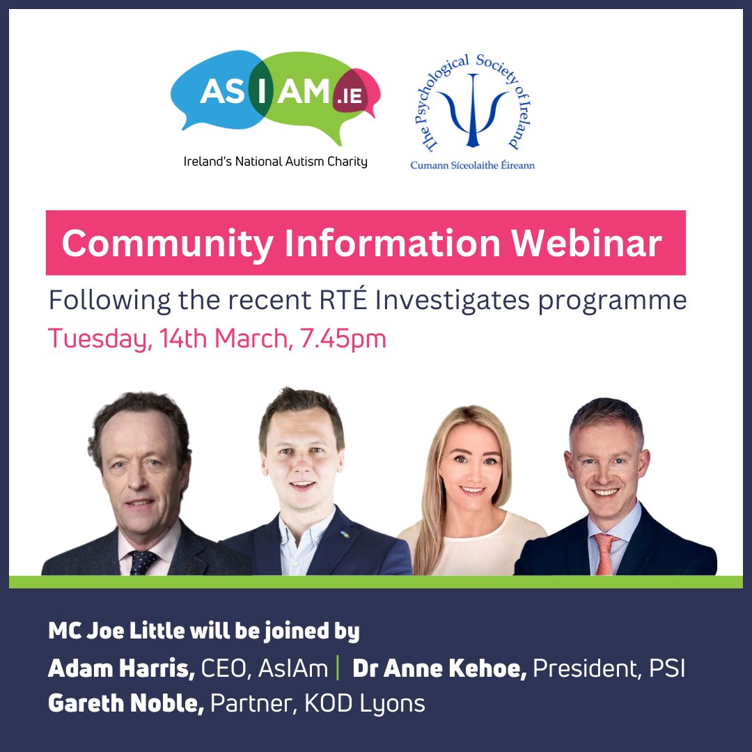 Following last night's #RTEInvestigates we will host a webinar with <a href="/PsychSocIreland/">Psychological Society of Ireland</a> and <a href="/KODLyons/">KOD Lyons Human Rights Solicitors</a> to answer questions.
⏰ Tuesday, 14th March 7.45
MC <a href="/joelittle54/">Joe Little</a> 
Speakers
<a href="/AdamPHarris/">Adam Harris</a>, Dr Anne Kehoe, <a href="/GarNob/">Gareth Noble</a> 
Register here: us02web.zoom.us/webinar/regist…