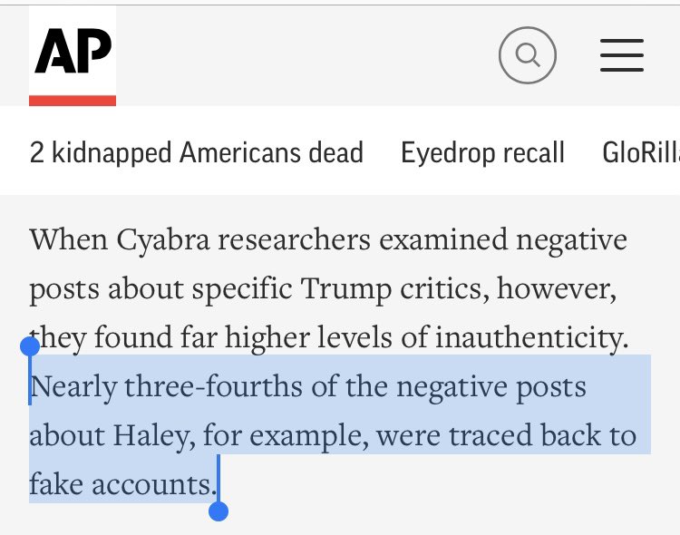 @conspirator0 “Nearly three-fourths of the negative posts about Haley, for example, were traced back to fake accounts.” 🧐🤨 How are these wild bot claims still getting published in 2023?

I mean 75% ! 🙄 and what exactly does “traced back to” mean? Is that journalese for “tweeted by” or…?