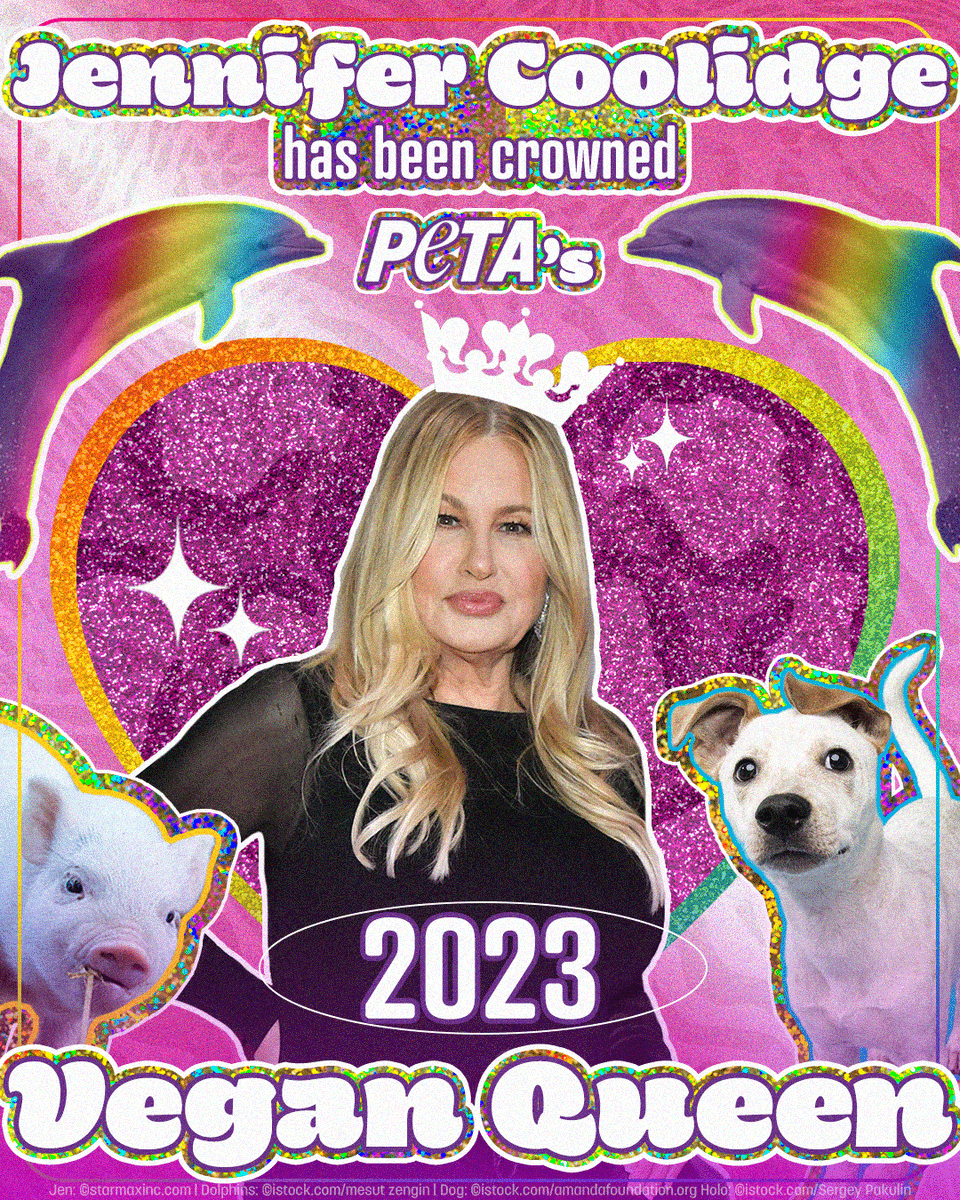 peta's tweet photo. Her dedication to animals is stronger than her bend &amp; snap ✨💋

She’s a longtime advocate for companion animal adoption, cruelty-free cosmetics, &amp; vegan living! 

That’s why we named @JENCOOLIDGE PETA’s 2023 #VeganQueen 💖👑 https://t.co/QruopdQTgy https://t.co/2dmGThk82g