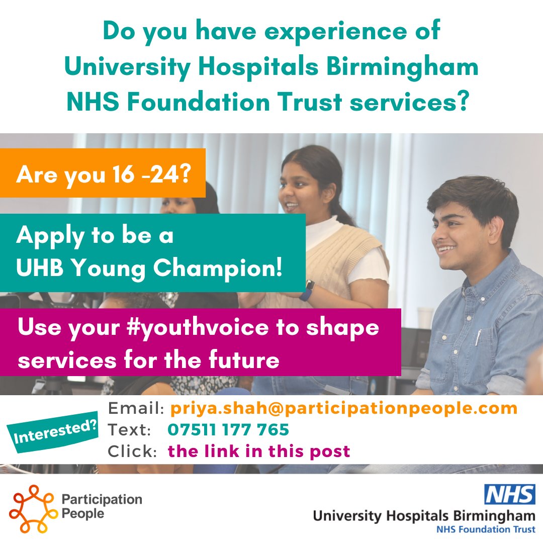 Aged 16- 24 with a lived experience of services provided by @uhbtrust? Apply to be a UHB Youth Champion and share your #YouthVoice to help shape services for the future! Apply or find out more here - bit.ly/UHBYoungChampi… #youthvoice #nhs #Birmingham #Solihull #teamUHB