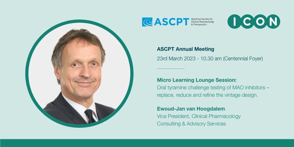 ICONplc's tweet photo. Join ICON’s Ewoud Jan-van Hoogdalem for a presentation on Oral Tyramine challenge testing of MAO inhibitors at the #ASCPT annual conference on 24th March at 10.30 am.
https://t.co/6GNZqn40I4 https://t.co/DpwrOpYtx8