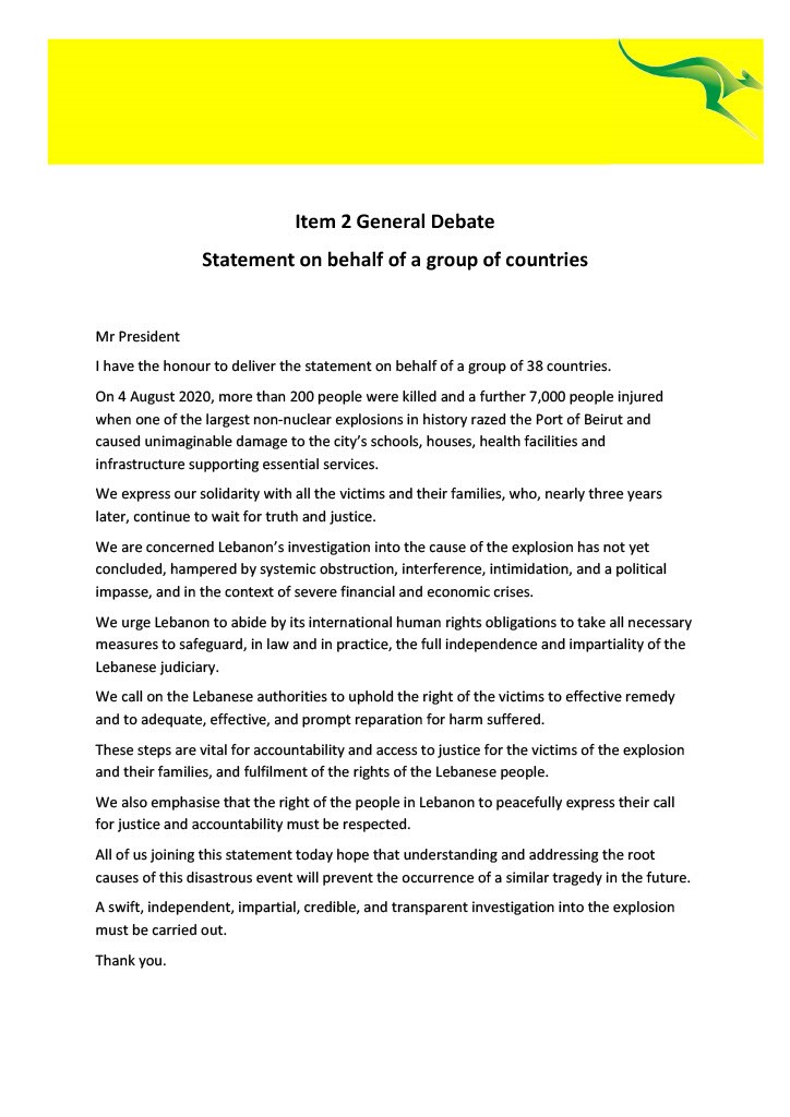 AustraliaUN_GVA's tweet image. Today in the #HumanRightsCouncil Australia and 37 countries called on the Lebanese government to carry out a swift, independent, impartial, credible and transparent investigation into the Beirut port explosion.