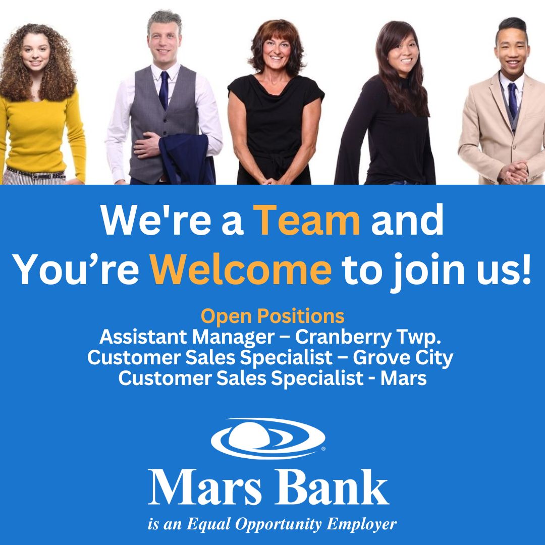 MarsBankPA's tweet photo. Visit the CAREERS section of https://t.co/8ntjgmi39G to apply!

A few of our benefits…..

Paid vacation, personal and sick days
11 Paid holidays
401(k) Plan with a match
Employee Assistance Program

#bankingcareer
#GroveCity
#Mars
#Cranberry
#AssistantManager
#CommunityBank https://t.co/pqwPMggoGZ