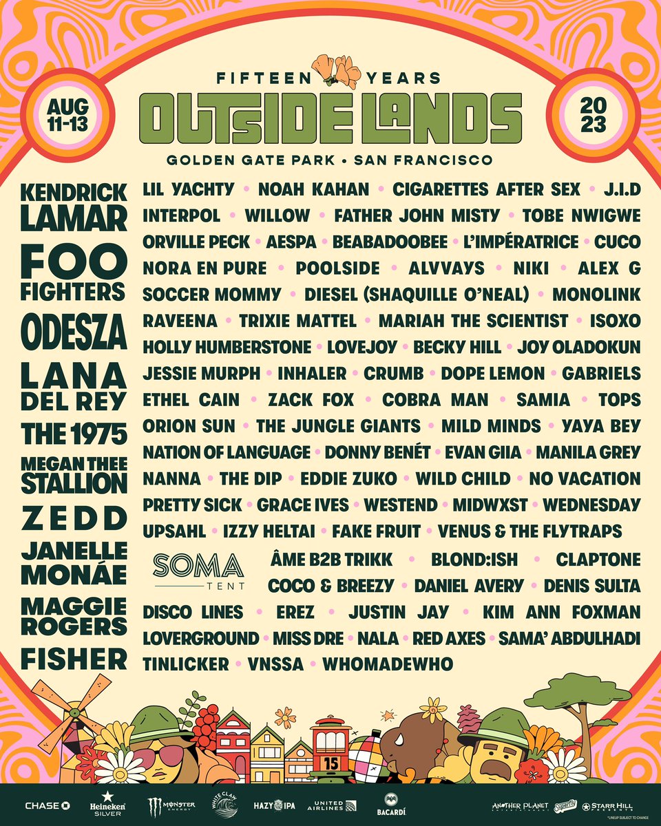 We can’t wait to celebrate the 15th year of <a href="/sfoutsidelands/">Outside Lands</a> this August in Golden Gate Park with @KendrickLamar, @FooFighters, @ODESZA, Lana Del Rey, and many more! 

3-Day tickets go on sale tomorrow. See you in San Francisco! sfoutsidelands.com