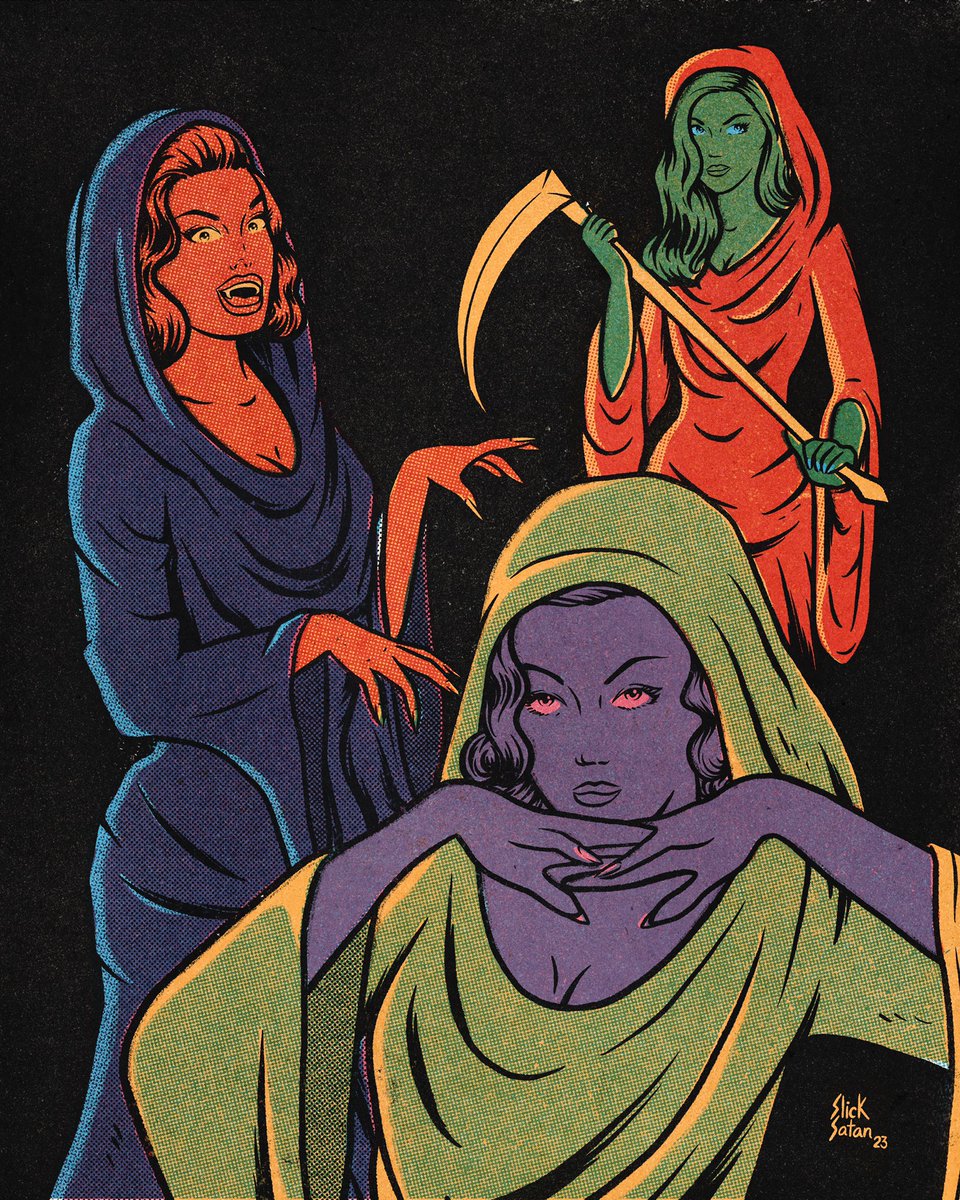 three ravishing reapers are here to safely accompany you to the other side 🌪 #retroart #vintageart #glamourghouls #slicksatan