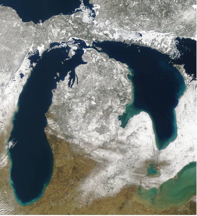 With a rare clear sky over the Great Lakes, its a great opportunity to see what areas of Michigan have snow on the ground and what areas do not! Another thing to notice is the incredible lack of ice cover over the lakes. #miwx