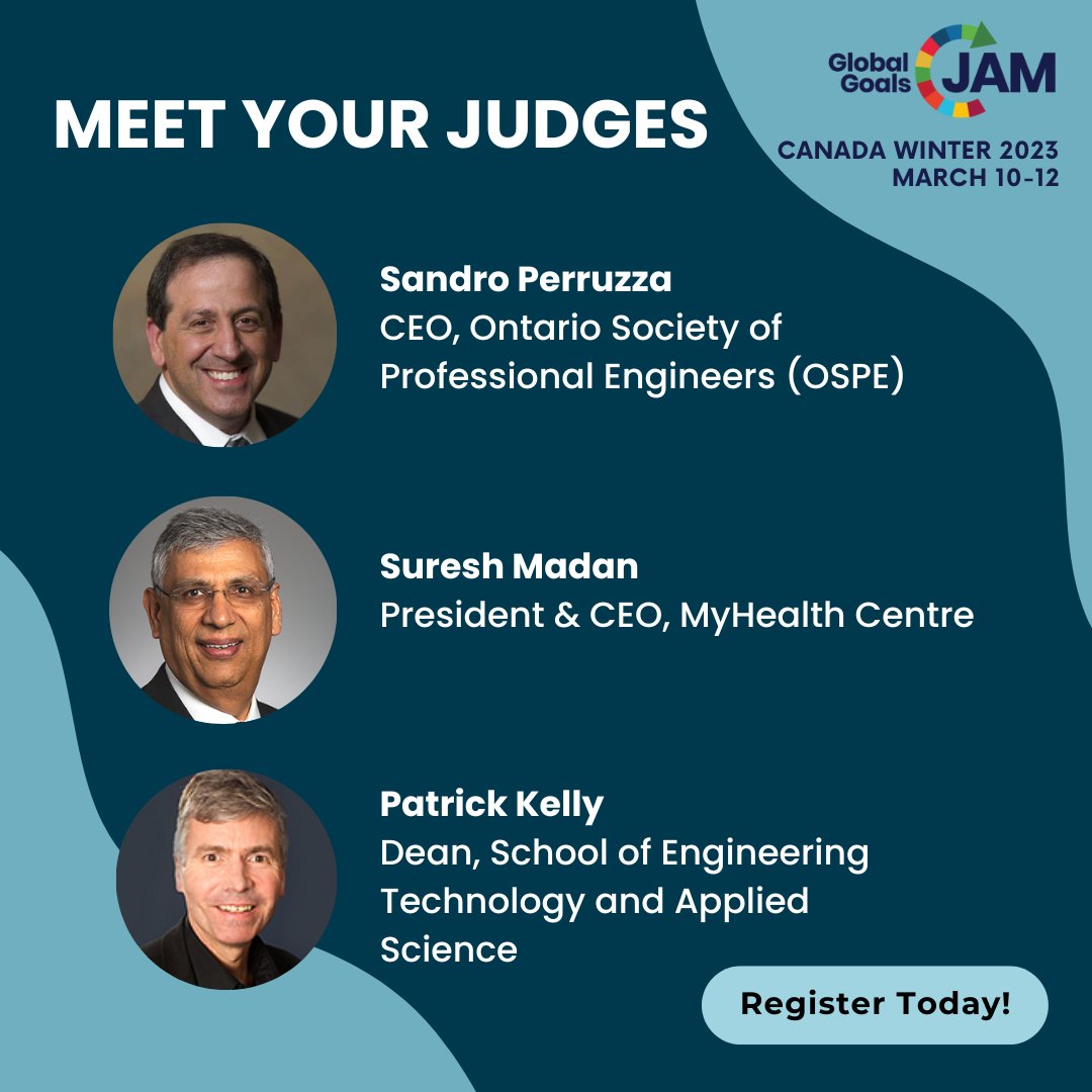 COIECentennial's tweet photo. π Meet your #GlobalGoalsJamCanada Winter 2023 #judges! (3/3)
@OSPE_CEO | CEO, @O_S_P_E
@SureshMadan8 | President & CEO, @myhealthcentre
@DeanCCSETAS | Dean, SETAS @CentennialEDU
πRegister by 9am tomorrow: https://t.co/rb4psxkRZU
#GlobalGoalsJam #SDGs #Design2030Now https://t.co/nvcyx8pGc2