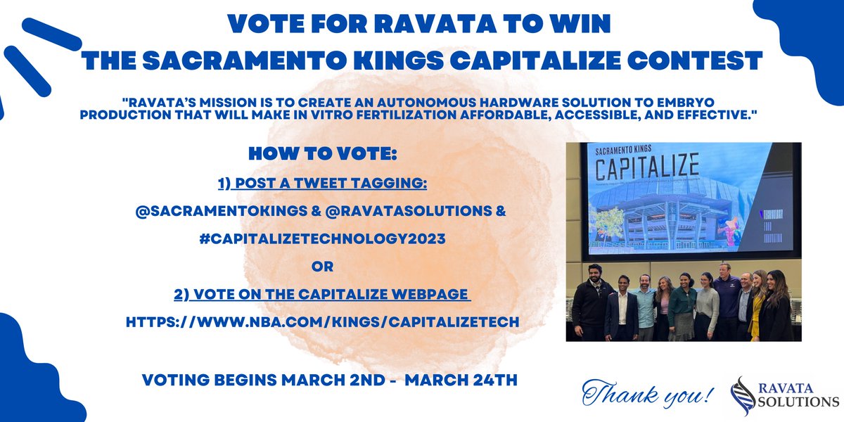 Ravata Solutions (@ravatasolutions) on Twitter photo Ravata Solutions has placed top four in the Sacaramento Kings Capitalize Contest! Please support us by retweeting!
Post a tweet / Retweet this with the following tags:
<a href="/SacramentoKings/">Sacramento Kings</a> <a href="/RavataSolutions/">Ravata Solutions</a> #CapitalizeTechnology2023
Vote at nba.com/kings/capitali… Ravata Solutions has placed top four in the Sacaramento Kings Capitalize Contest! Please support us by retweeting!
Post a tweet / Retweet this with the following tags:
<a href="/SacramentoKings/">Sacramento Kings</a> <a href="/RavataSolutions/">Ravata Solutions</a> #CapitalizeTechnology2023
Vote at nba.com/kings/capitali…