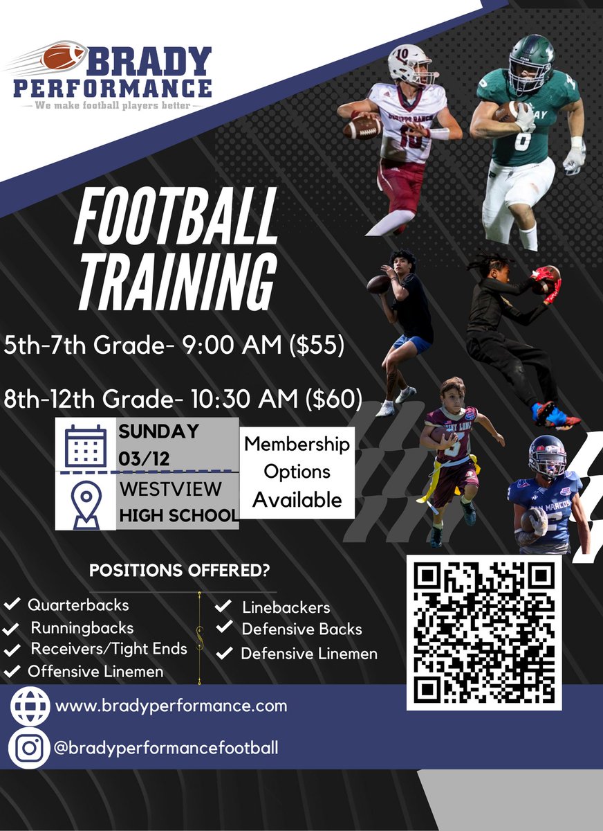 BradyPerform1's tweet image. This Sunday we will have group training at Westview HS. Youth will be at 9AM &amp;amp; High School will begin at 10:30AM. #quarterbacktraining #runningbacktraining #receivertraining #offensivelinetraining #defensivelinetraining #linebackertraining #defensivebacktraining