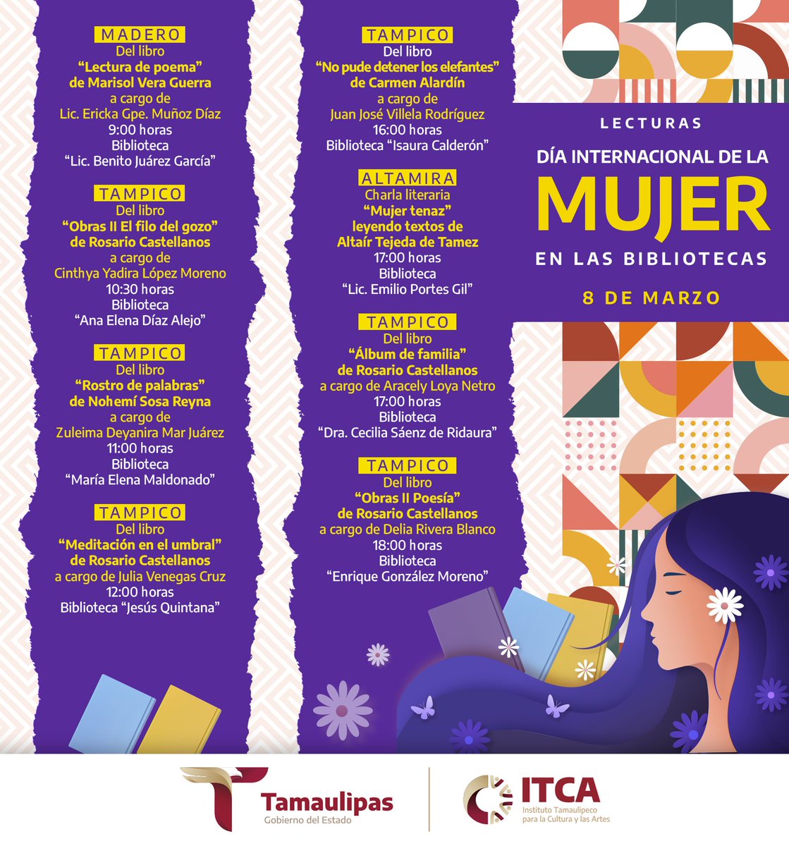 💜📖 Con motivo del Día Internacional de la Mujer, las y los mediadores del Programa Nacional de <a href="/Salasdelectura/">Salas de Lectura</a> han preparado una serie de actividades literarias para celebrar este día en bibliotecas de #Tampico, #Madero y #Altamira.

¡Consulta la programación y asiste!