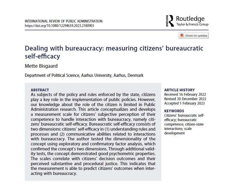 IRPAjournal's tweet photo. Exciting new research by Mette Bisgaard @bisgaard_mette @AarhusUni on citizens' role in implementing public policies! Check out "Dealing with bureaucracy: measuring citizens’ bureaucratic self-efficacy."  https://t.co/Gqqtf2RWFt https://t.co/wh5asLyaYq