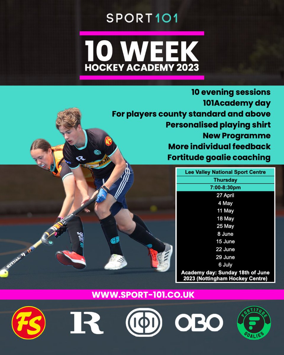 Sport 101 - 10 Week Academy are back for 2023
10 Evening Sessions
1 Academy Day
For Players County Standard and Above
Personalised Playing Shirt
New Programme
More Individual Feedback
Fortitude Goalie Coaching
More Venues

You can sign up sport-101.co.uk/101academies/p…
