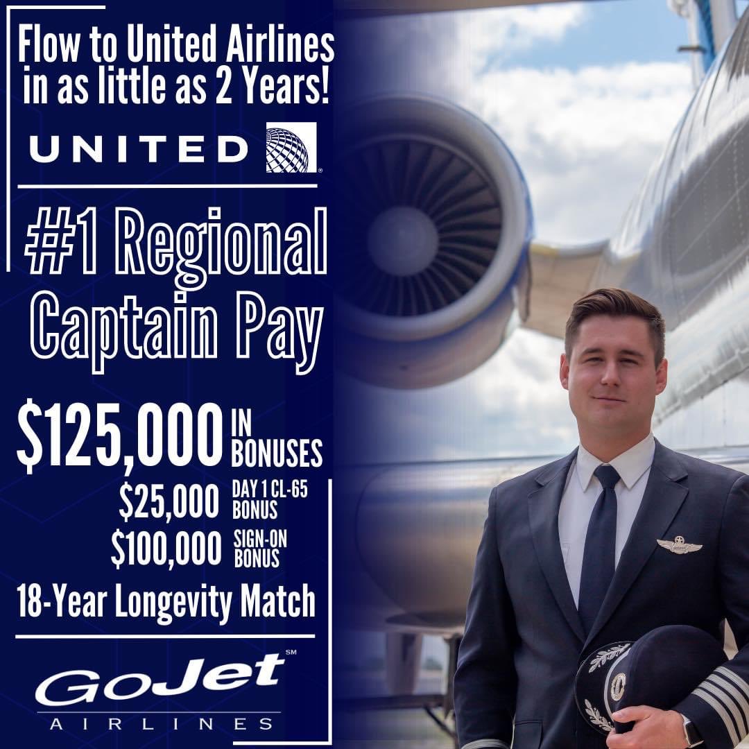 Fly with the best!! Join our team and take your passion for flying to the next level! ✈️💰 #GoJetAirlines #pilotcareers #UnitedAirlines #GoJet #aviation #aviationcareers #pilotlife #pilotjobs 

Apply Now: bit.ly/airlineappsGoJ…