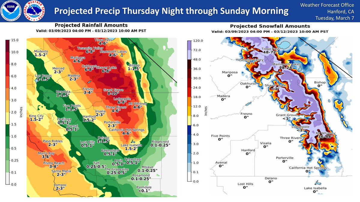 NWSHanford's tweet image. A strong storm system will impact Central California Thursday night into Sunday morning, resulting in periods of heavy rainfall in the eastern portion of the SJ Valley, the Sierra Nevada foothills, and the Sierra Nevada below the snow line. Localized flooding is possible. #CAwx