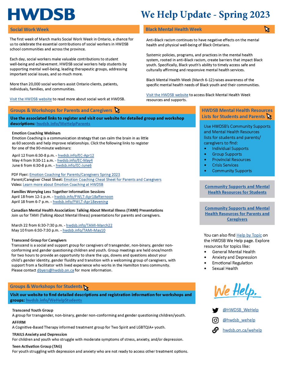 With the first week of March being Social Work Week and Black Mental Health Week, we figured it was an ideal time to share our We Help Update - Spring 2023!

Visit our website to find mental health resources for students and families 🧡💙

We Help Update: hwdsb.on.ca/blog/we-help-u…