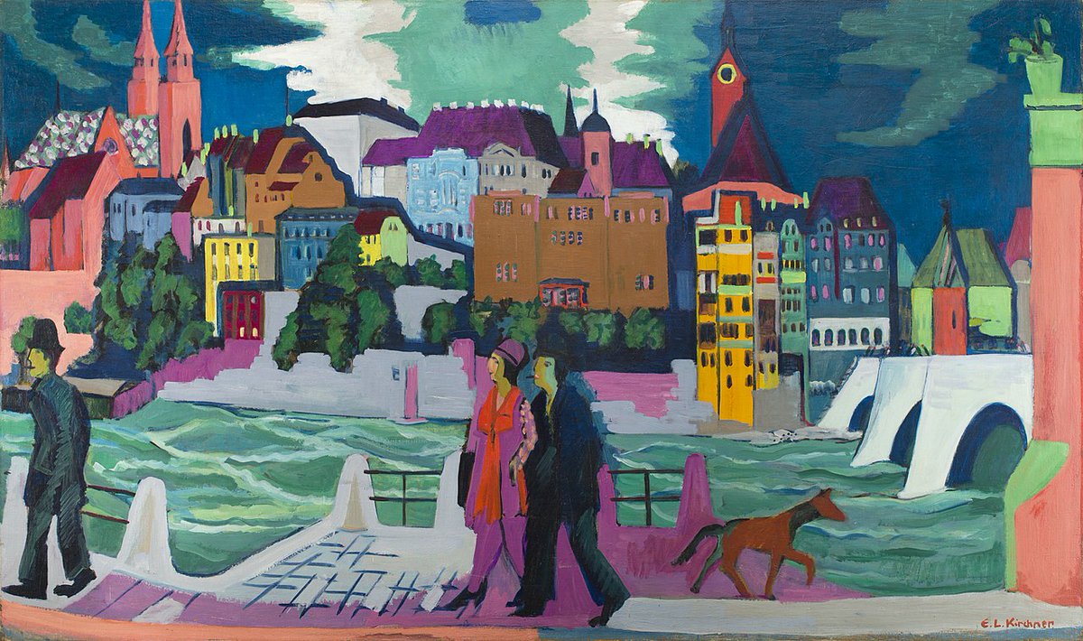 #Germanart changed spectacularly after 1920. No longer did artists paint the classical Greek model. The state of the country was bitterly protested in art.

'View of Basel and the Rhine' (ca 1927), #ErnstLudwigKirchner bit.ly/3ITYMSx