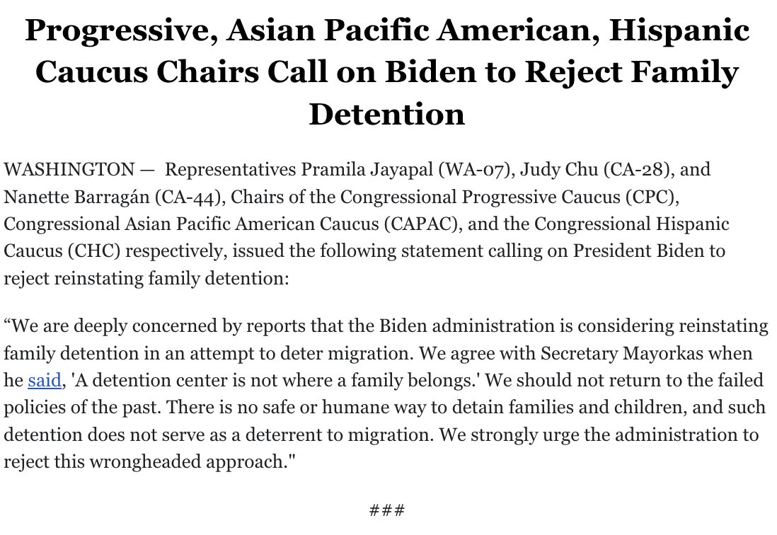 USProgressives's tweet photo. Congressional Progressive Caucus Chair @RepJayapal, Asian Pacific American Caucus Chair @RepJudyChu, and Hispanic Caucus Chair @RepBarragan are calling on President Biden to reject reinstating family detention.

Full statement ➡️ https://t.co/rkvPADTgKh