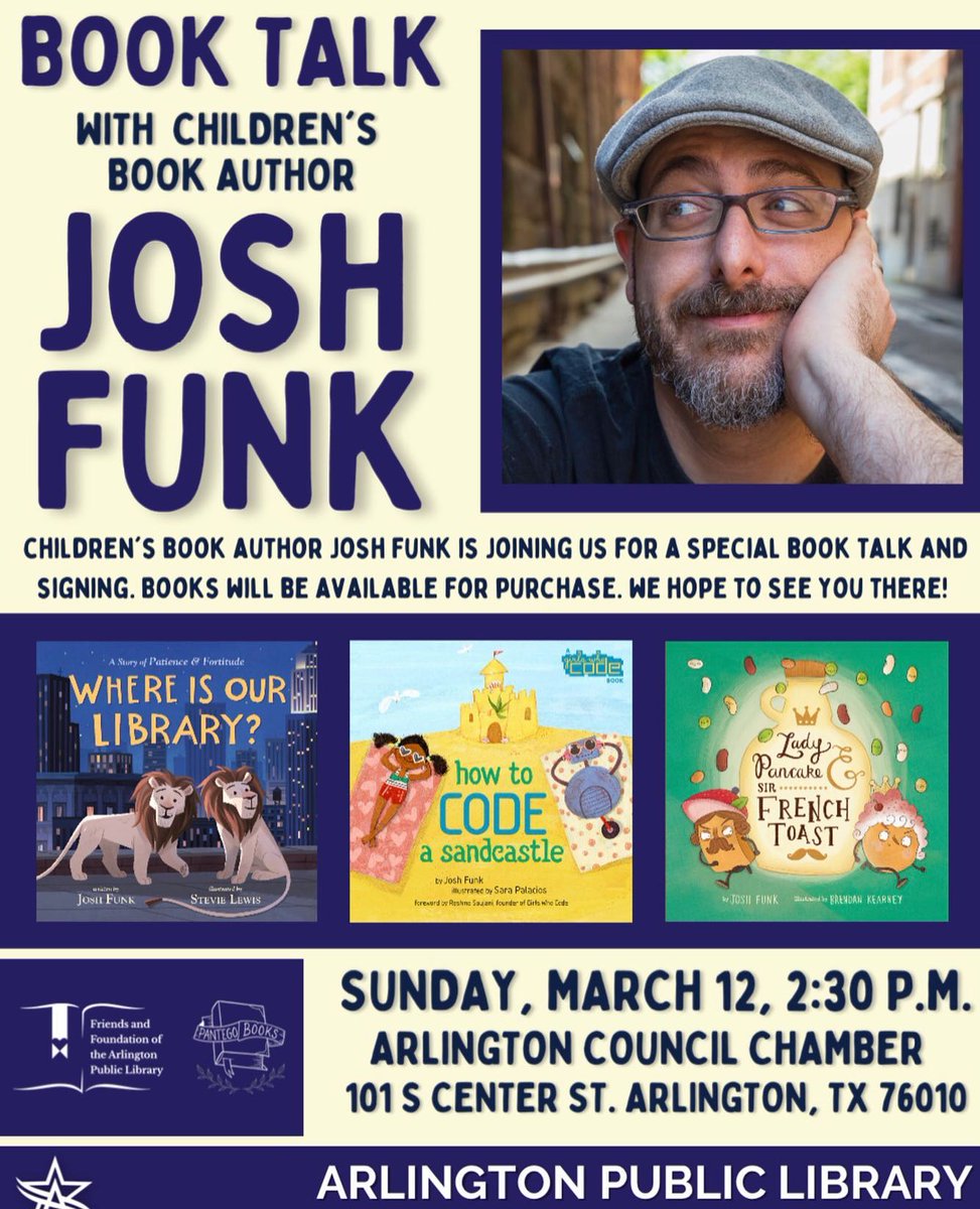 Josh Funk (@joshfunkbooks) on Twitter photo Big news! This Sunday I’ll be in Arlington, Texas via the <a href="/ArlingtonTXLib/">Arlington Public Library</a>! Don’t miss this once in a lifetime author chat (with a sneak peek of a secret book ~ possibly pancake-related…).
Books *will* be for sale courtesy of Pantego Books! Big news! This Sunday I’ll be in Arlington, Texas via the <a href="/ArlingtonTXLib/">Arlington Public Library</a>! Don’t miss this once in a lifetime author chat (with a sneak peek of a secret book ~ possibly pancake-related…).
Books *will* be for sale courtesy of Pantego Books!