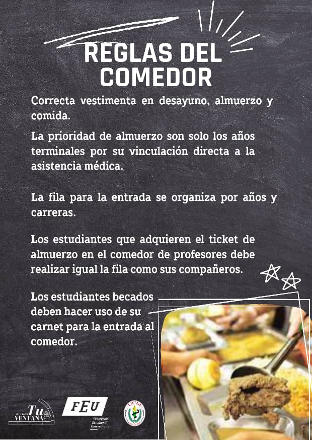 #TuVentana🪟🌵🩺 te comparte las normas de nuestros comedores de la Universidad. Si se cumplen, tendremos un proceso aún más organizado 😉. Cualquier duda siempre puedes preguntar a los estudiantes FEU de guardia en el comedor👩🏼‍⚕️👨🏽‍⚕️
#MejorEsPosible