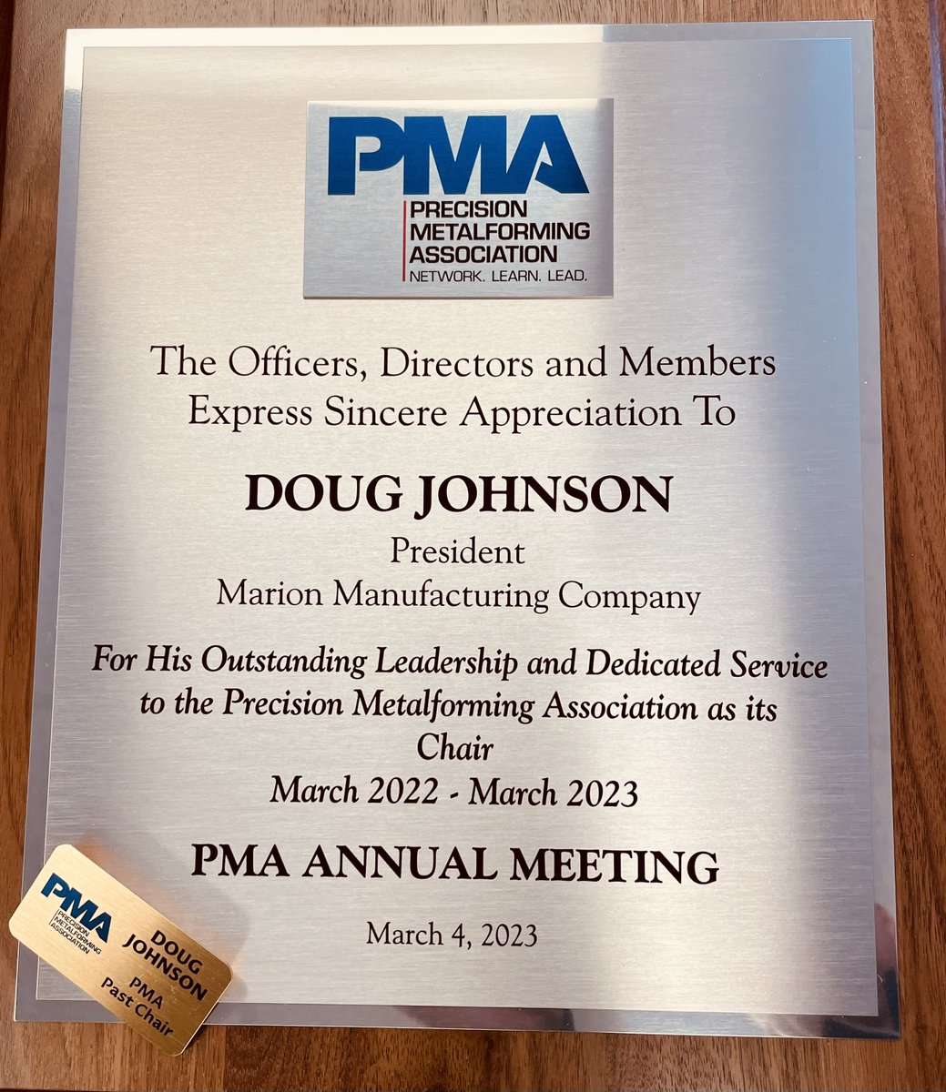MarionMfg's tweet photo. We are proud of @douglasnjohnson for #buildingmomentum the past year as @PMATalk's Chairman! 

#FOF2023 #pmacommunity #madeinUSA #california #formingourfuture #manufacturing #metalforming #madeinAmerica #pma #networkingwithapurpose #california #madeinConnecticut #Connecticut https://t.co/2xB9PCcnks