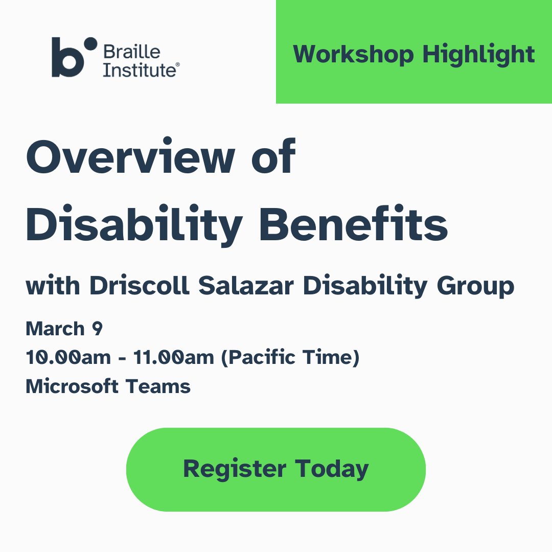 BrailleInst's tweet image. Join us on March 9 from 10.30 - 11.00am PT for a free informational presentation on disability benefits by Priscilla Salazar of Driscoll Salazar Disability Group. Register today bit.ly/3J0M1W2

#DisabilityBenefits #SSI #SSDI #LowVision #Blind