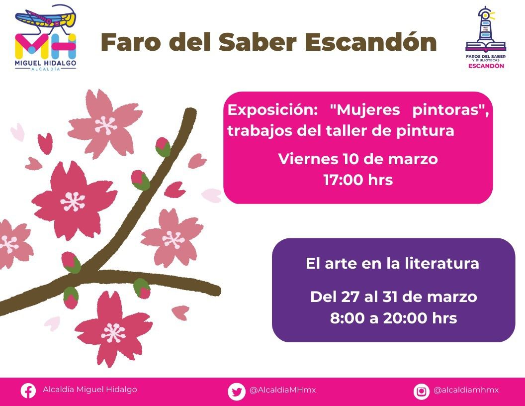 Alcaldía MH Desarrollo Social (@mhdessocial) on Twitter photo Este marzo Faro Escandón tiene preparadas actividades en el marco de la Jornada de arte y cultura en los Faros del saber. ¡Acompáñanos! Recuerda que en la MH #PrimerolasMujeres #UnFarocercadeti Este marzo Faro Escandón tiene preparadas actividades en el marco de la Jornada de arte y cultura en los Faros del saber. ¡Acompáñanos! Recuerda que en la MH #PrimerolasMujeres #UnFarocercadeti