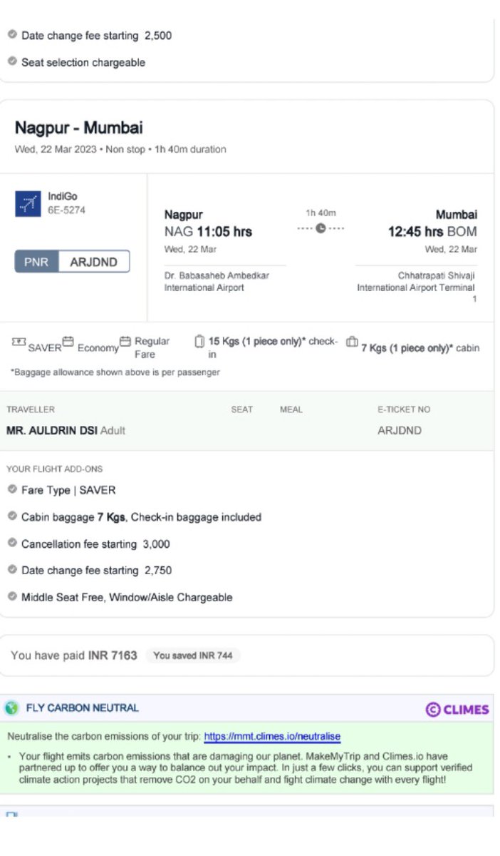 DsilvaAuldrin's tweet photo. @IndiGo6E
Hello,
I am Auldrin Dsilva. I just booked a ticket for 22nd of March from Nagpur to Mumbai however there's a slight spelling mistake in my last name. It's mentioned as "Auldrin Dsi" on my ticket. It should be "Auldrin Dsilva"
Below please find my attached flight ticket https://t.co/eNJzNSE2PX