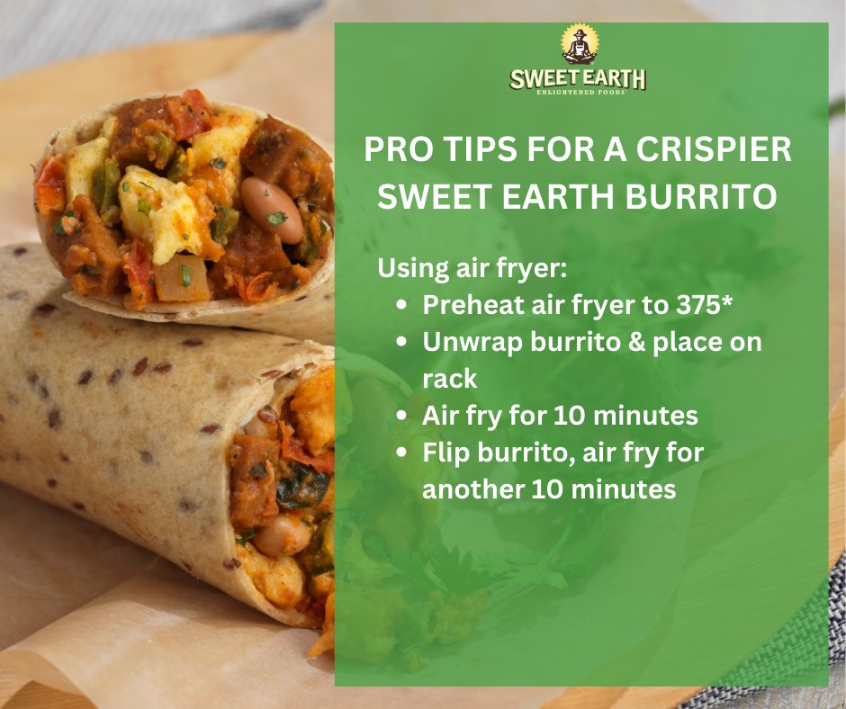 Our burritos always hit the spot but if you prefer yours on the crispier side, check out these tips! Skip covering the burrito with a second plate, instead loosely tent it with a dry paper towel or air fry it for the most optimal experience!