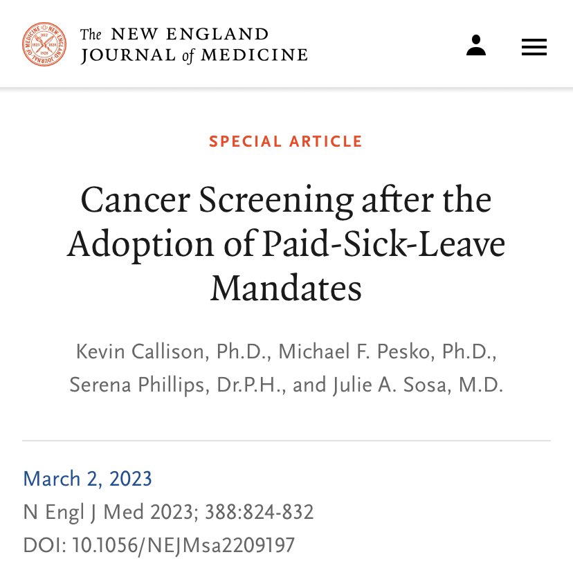 AbelJosephMD's tweet photo. Every doctor has a patient unable to get time off work for healthcare. ⏰
Paid-sick-leave coverage among insured workers was associated with increased 📈 colon cancer screening rates in this study using administrative claims data of 2mil workers.
#GITwitter #WorkHealthBalance https://t.co/eIqNqzQZDe