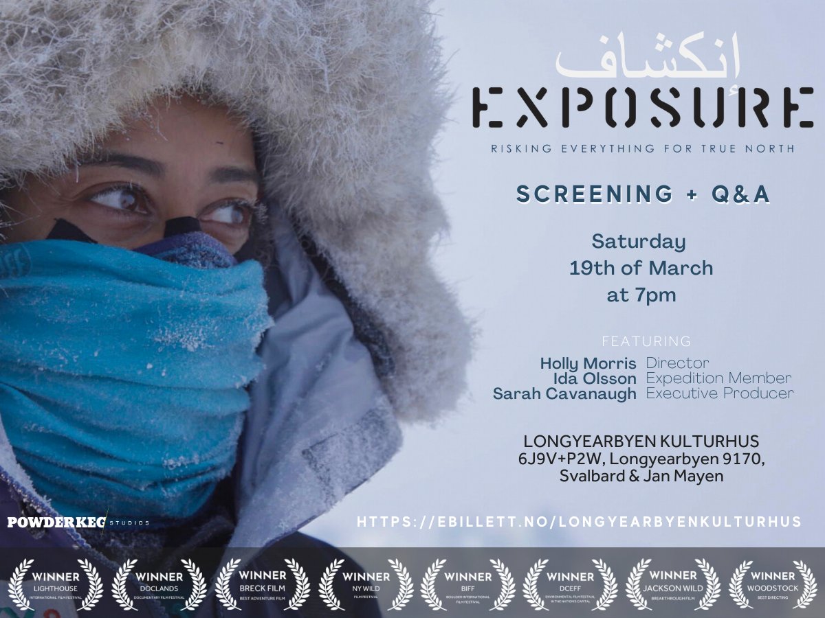 Smash hit expedition film EXPOSURE - coming to Longyearbyen March 19!
Poignant, funny, harrowing, &amp; featuring a cast of audacious women, this film about the 2018 Euro-Arabian North Pole expedition is playing 1 night only.
ebillett.no/longyearbyenku…
#Documentary #Norway #expedition