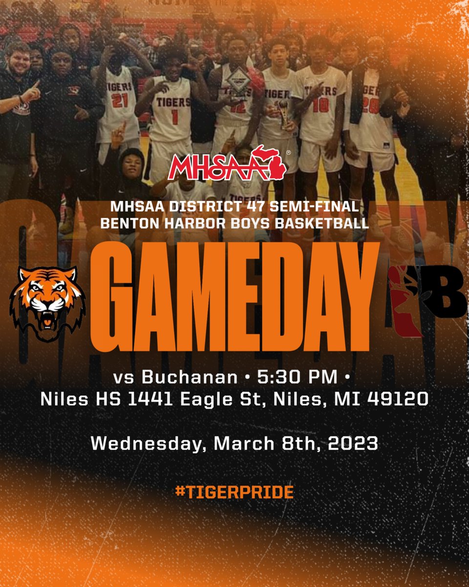 Tomorrow the boys will start post-season play. The Tigers will play Buchanan at 5:30pm. District games will be played at Niles HS. 

Tickets are $7 and must be purchased via GoFan at gofan.co/app/events/929…