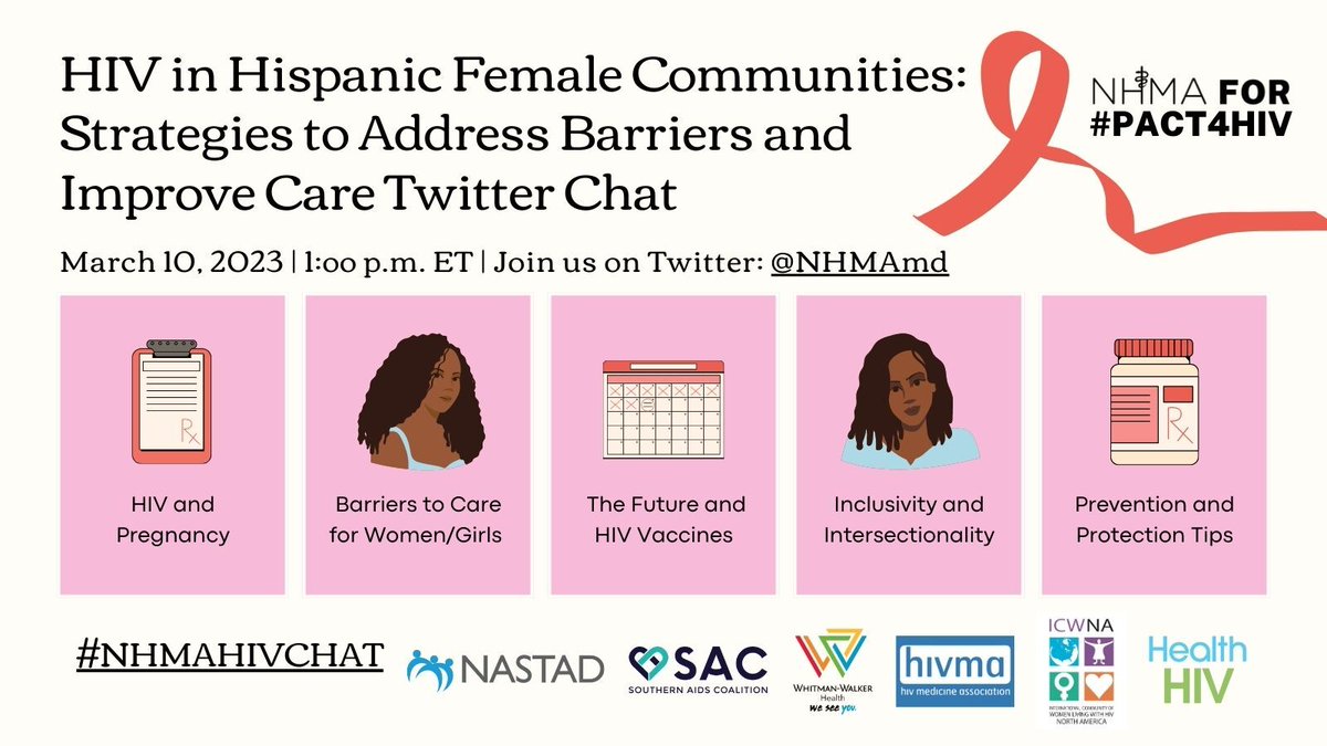 Join ICWNA & @NHMAmd 
On Twitter on March 10 HIV for our in Hispanic Female Communities: Strategies to Address Barriers and Improve Care Twitter Chat. Be part of the discussion alongside co-hosts 
@NASTAD
@KimmelCancerCt
@SouthernAIDSCo
@whitmanwalke
#NHMAHIVCHAT