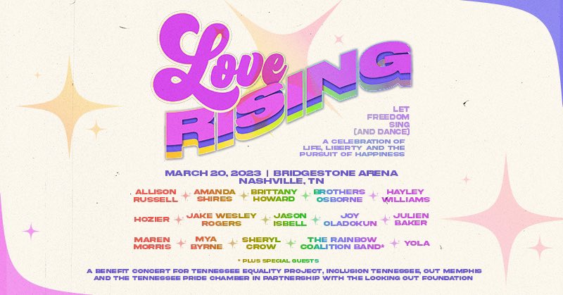 Maren Morris (@marenmorris) on Twitter photo Art & community are, and have always been, oppression’s medicine. 🏳️⚧️🏳️🌈
Let’s show these politicians that they do not speak for all of Tennessee. Love will prevail.
All ages are welcome. Tickets on sale tomorrow will benefit <a href="/tnequality/">TN Equality Project</a> <a href="/inclusion_tn/">inclusion tennessee</a> <a href="/outmemphis/">OUTMemphis</a> <a href="/tnpridechamber/">Tennessee Pride Chamber</a> Art & community are, and have always been, oppression’s medicine. 🏳️⚧️🏳️🌈
Let’s show these politicians that they do not speak for all of Tennessee. Love will prevail.
All ages are welcome. Tickets on sale tomorrow will benefit <a href="/tnequality/">TN Equality Project</a> <a href="/inclusion_tn/">inclusion tennessee</a> <a href="/outmemphis/">OUTMemphis</a> <a href="/tnpridechamber/">Tennessee Pride Chamber</a>