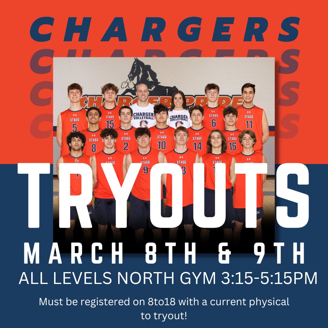 ChargerBoysVB's tweet photo. TOMORROW! Make sure you are registered on 8to18 with a current physical!!! 🏐 https://t.co/hGBFFBZ5XT