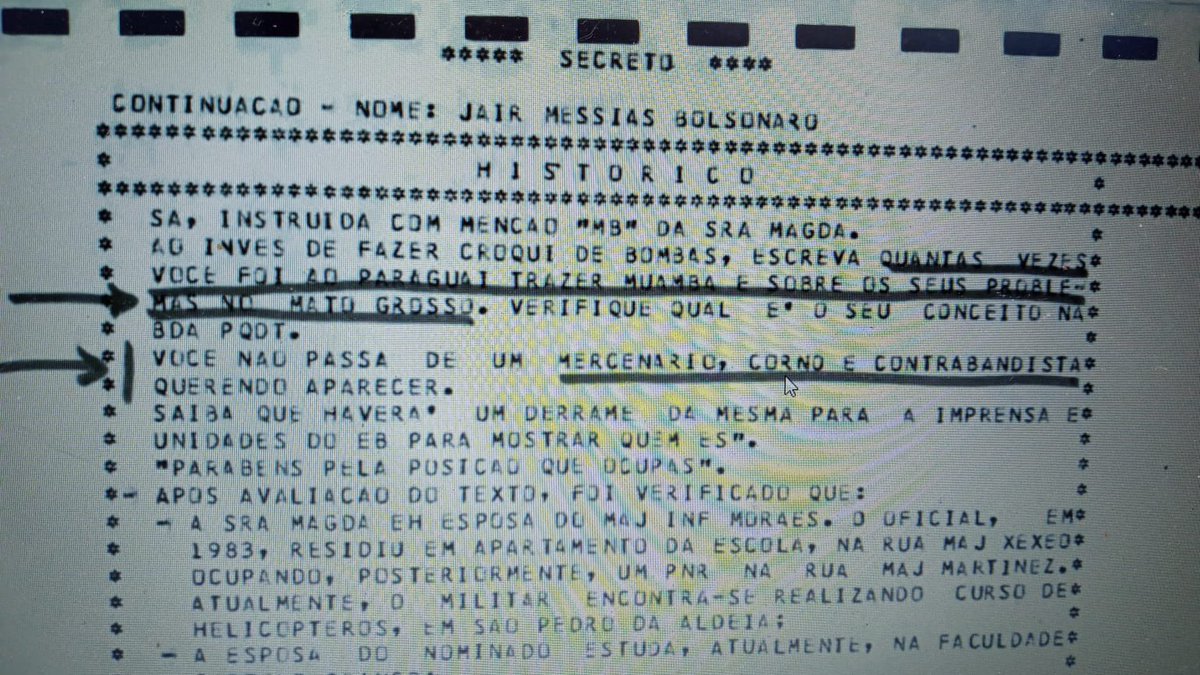 GugaNoblat's tweet photo. Na época que Bolsonaro foi julgado pelo tribunal militar, um colega anonimo do ex presidente escreveu carta recheada de denúncias e comentários ofensivos contra Bolsonaro. Além de chamá-lo de mercenário e corno, diz que ele é CONTRABANDISTA-Muambeiro. Veja trecho do relatório: https://t.co/y54tZYKTln