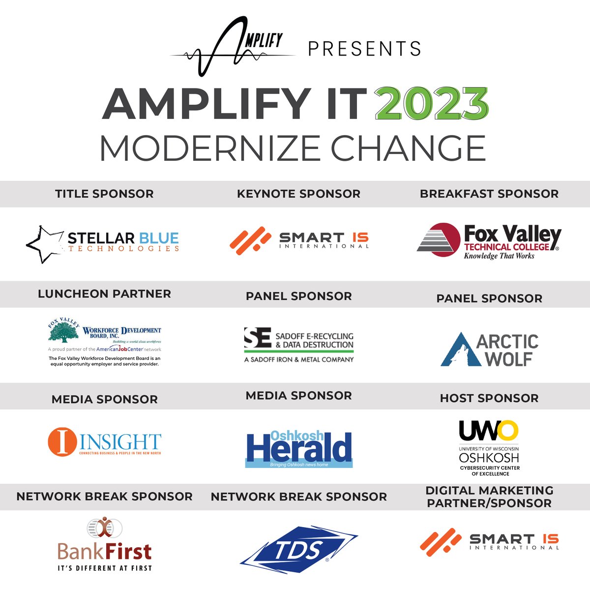 AmplifyOsh's tweet photo. Thank you to all of our event sponsors that helped make this year's Amplify IT annual conference possible. Without you, these amazing education events wouldn't be possible. Thank you! https://t.co/vBSaj1gz0C