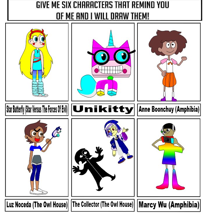 NBNCMEANSNS's tweet photo. @ImACandyKid 's request for Give me six characters that remind you of me and I will draw them! :)
#starbutterflyvstheforcesofevil #unikitty #amphibia #amphibiaanneboonchuy #amphibiamarcywu #amphibiamarcanne #theowlhouseluznoceda #theowlhousethecollector https://t.co/bp6e9gDzju