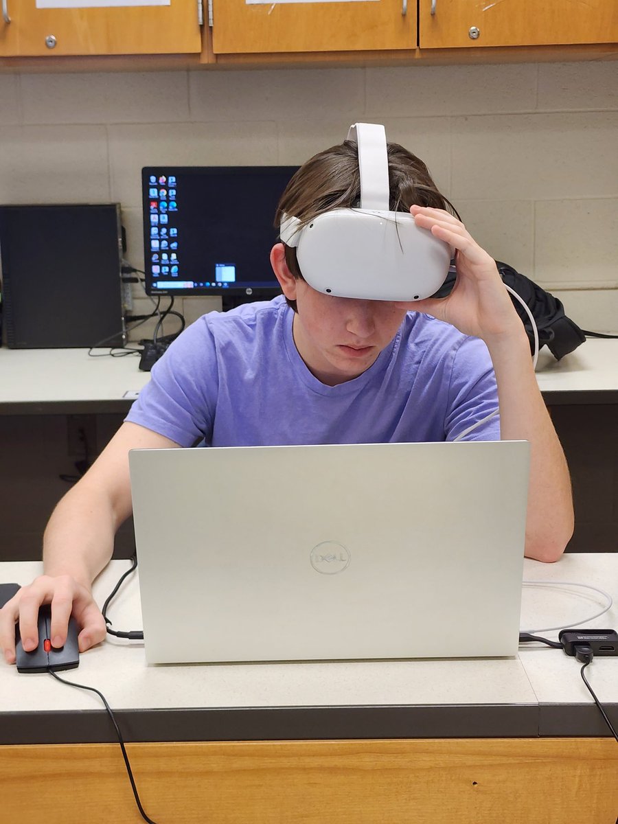 MrGabelSTEM's tweet photo. STEM Advanced Programming students wrapping their brains around programming a VR project in @unity while wrapping the @MetaQuestVR headsets around their heads. Progress is going pretty well. Desktop computers in the lab are running great. https://t.co/9aHdVO4m4x
