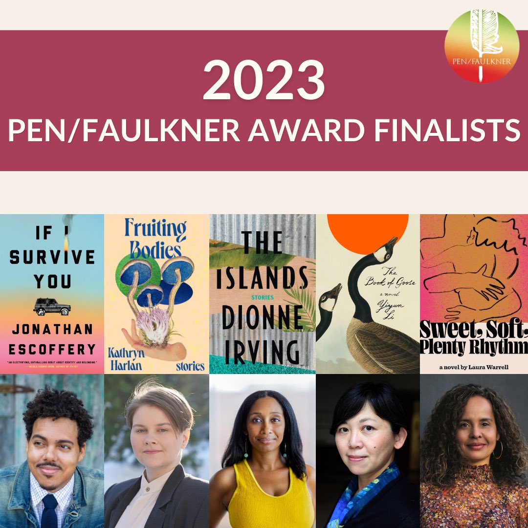 Please join us in congratulating the five finalists our judges (@christobollen, @rokwon, and @tiphanieyanique) have selected for the 2023 PEN/Faulkner Award for Fiction: @J_Escoffery, @kay__harlan, @LadyDionne79, Yiyun Li, and @LKWarrell!