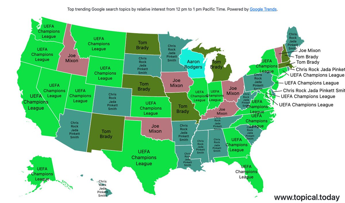 TopicalMaps's tweet image. Top Google Trends in the United States by relative interest in each state over the last hour. 

#JoeMixon #AaronRodgers #ChrisRockJadaPinkettSmith #TomBrady #UEFAChampionsLeague 

Live map at topical.today/countries/us