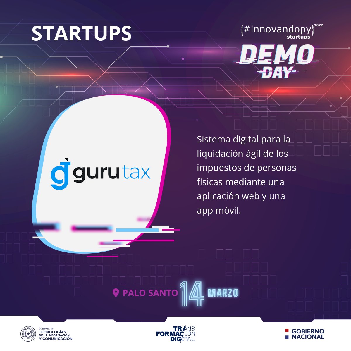 Miticpy's tweet image. El #DemoDay de #InnovandoPY se llevará a cabo este martes 14 de marzo a las 18:00 horas.