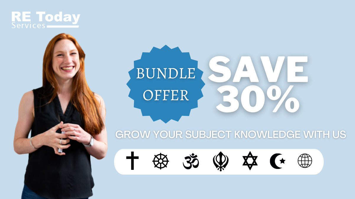 RE_Today's tweet image. Get time-saving, ready-to-use RE with our #SubjectKnowledge webinars! 

FOCUSES: Buddhism, Christianity, Islam, Sikhi, Judaism, Hindu Dharma, Non-religious worldviews

Book all seven subject-focus webinars, live or recorded and SAVE 30% 👉 bit.ly/subknowledgewe…
