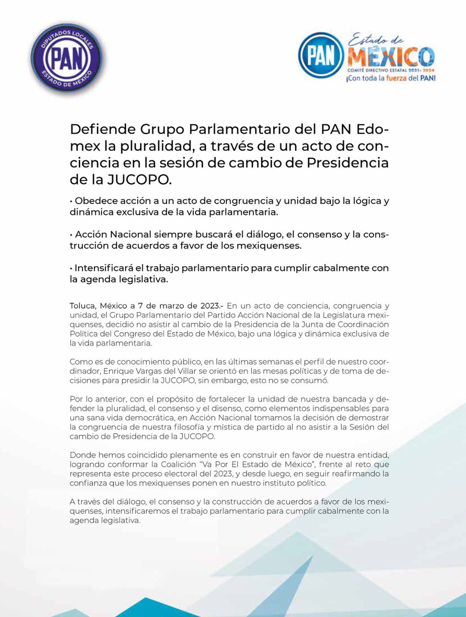 pan_edomex's tweet photo. .@GPPAN_Edomex defiende la pluralidad, a través de un acto de conciencia en la sesión de cambio de Presidencia de la JUCOPO. https://t.co/h5fTLj7yKW